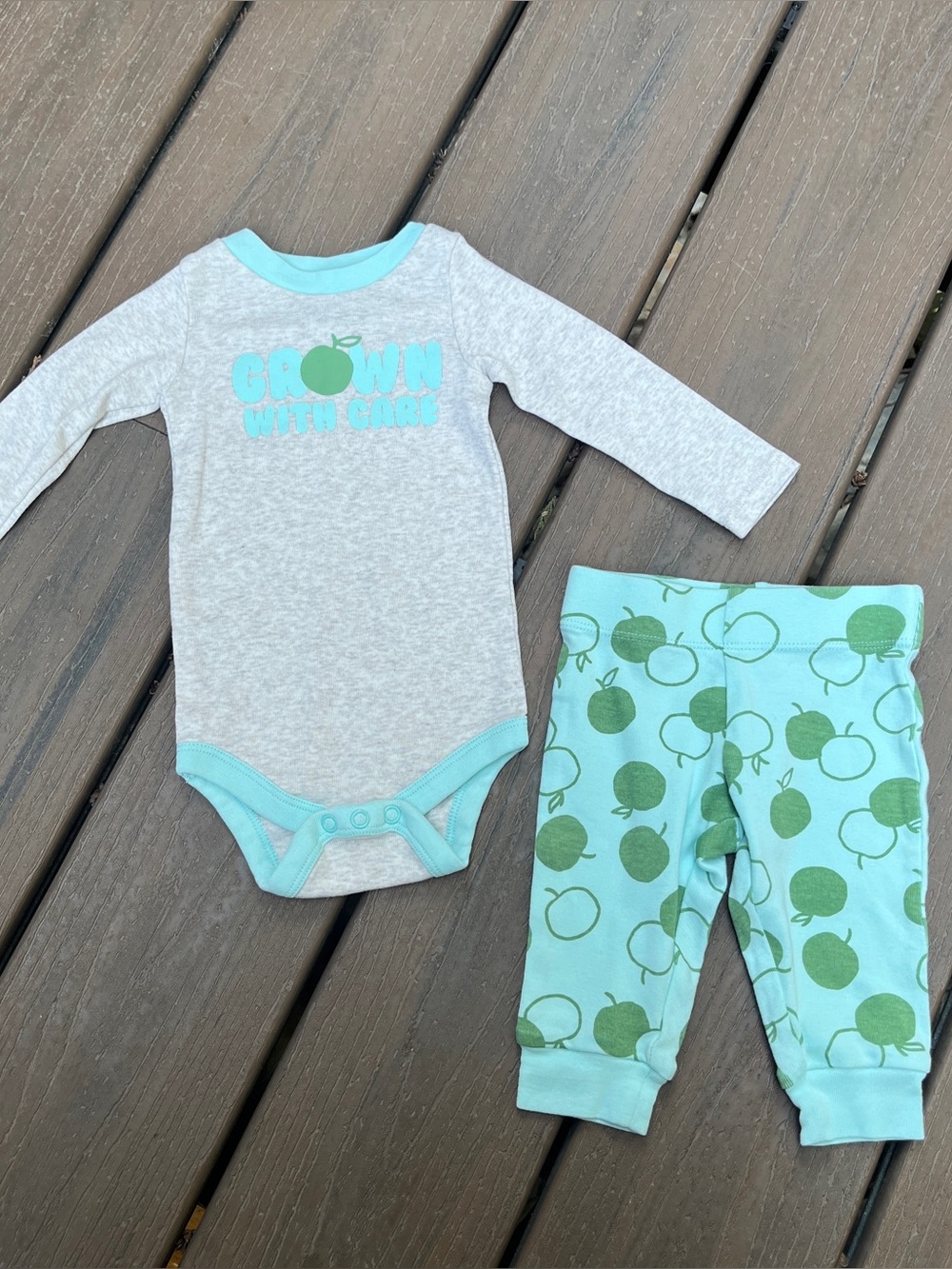 Okie Dokie Baby Aqua Gray Apples Long Sleeve Bodysuit Pants Set 3M
